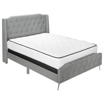 Bed, Queen Size, Platform, Bedroom, Frame, Upholstered, Linen Look, Chrome