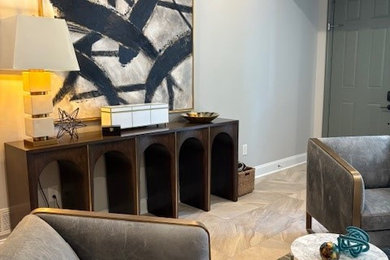 Mid-sized minimalist open concept porcelain tile and beige floor living room photo in Philadelphia with gray walls, no fireplace and no tv