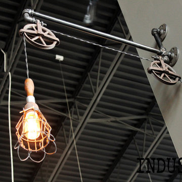 Rustic Industrial Pipe & Pulley Wall Lamp with Work Light