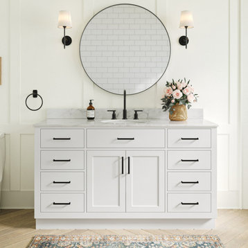Ariel Hepburn 61" Oval Sink Bath Vanity, White, 0.75" Carrara Marble