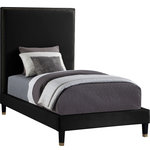 Meridian Furniture - Harlie Velvet Upholstered Bed, Black, Twin - Give your room an instant boost of drama and style when you add this Harlie bed to the mix. This twin-size bed features a soft black velvet exterior that's both chic and sleekand just the thing to add modern beauty to your decor. Brass nailheads lend this magnificently crafted bed an elegant vibe, while brass caps on the leg amplify its sophisticated demeanor. An extra-tall design makes sure this Harlie bed gets the bulk of attention in your bedroom.