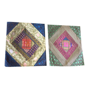 Mogulinterior - Square Silk Home Decor Cushion Cover, Indian Sari Border Bohemian Pillow Cases - Pillowcases And Shams