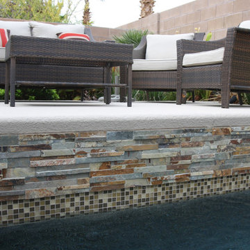 Glass tile projects -Mosaic earth tone 1” X 1” glass tile was utilized on the wa