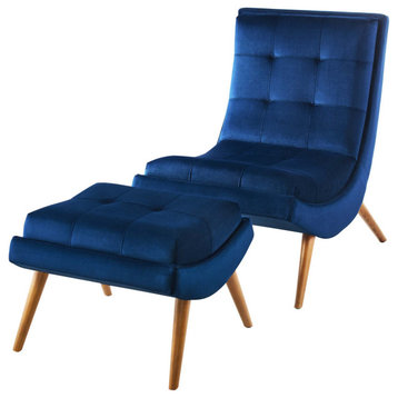 Modern Lounge Accent Side Chair and Ottoman, Velvet Fabric Wood, Navy Blue
