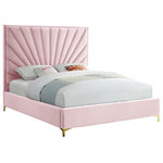 Meridian Furniture - Eclipse Velvet Bed, Pink, Queen - Turn up the wow factor in your bedroom with this Eclipse Queen Bed from Meridian Furniture. Stunning velvet upholstery in a posh pink color brings rich elegance and style to your space. A fan-like shell pattern on the headboard is achieved with channel tufting, which keeps the padded headboard plump and full, so it supports your back while you sit up in bed, binging on your favorite shows. Metal legs finish off this bed's luxe look, giving it a modish slant.