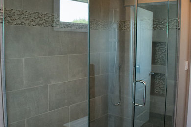 Inspiration for a large contemporary master brown tile and porcelain tile porcelain tile corner shower remodel in Edmonton with beige walls