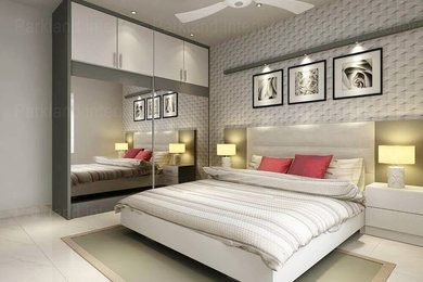 Inspiration for a modern master white floor bedroom remodel in Other with white walls