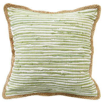Sweet Pea Green and White Striped Jute Bordered Throw Pillow