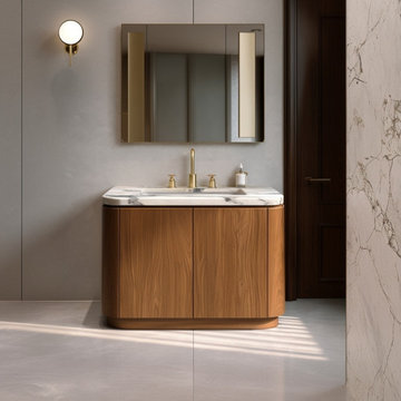 Curved Walnut Bathroom Vanity | Freestanding Sink Cabinet | Mid-Century Modern S