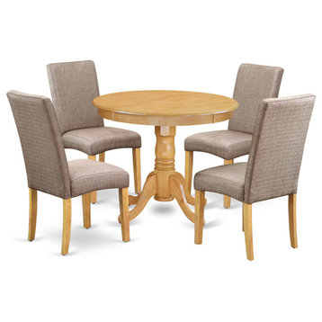 5Pc Round 36" Table And 4 Parson Chair, Oakleg And Fabric- Dark Khaki Color