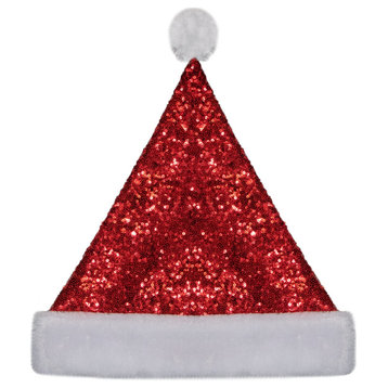 15" Red and White Sequin Christmas Santa Claus Hat-Adult Size M