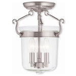 Livex Lighting - Livex Lighting 3 Light Brushed Nickel Ceiling Mount - 50481-91 - A hand crafted clear glass holds three candelabra bulbs in this wonderful semi flush mount bell jar lantern. Brushed nickel finish adorns the hardware and round canopy.  Additional Product Information: Collection: Rockford Item Finish: Brushed Nickel Style: Traditional Glass/Shade Type: Hand Crafted Clear Glass Diameter (inches): 10.5" Height (inches): 13" Number of Bulbs: 3 Bulb Base Type: Candelabra Base Max Wattage (Watts): 60 Canopy Size (inches): 6" D Suitable For Dry Locations?: Yes Suitable For Damp Locations?: Yes Suitable For Wet Locations?: No Can be Uplight or Downlight?: No Material: Steel Country: China