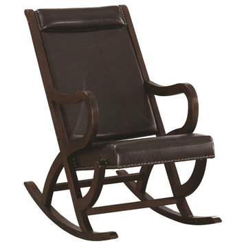 Faux Leather Upholstered Wooden Rocking Chair With Looped Arms, Brown