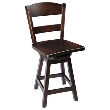 Rustic Swivel Bar Stool, Maple Wood With Back, Onyx, Counter Height, 24"