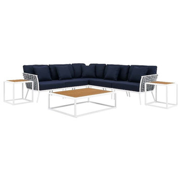 Modway Stance 8-Piece Modern Fabric/Aluminum Outdoor Sectional Sofa Set in Navy