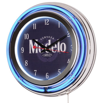 Modelo Retro Round Neon Wall Analog Clock with Pull Chain - 14.5"