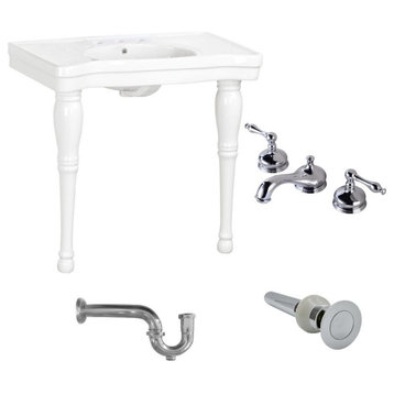 Console Sink White Porcelain with Hardwood Leg, 8" Faucet and P Trap