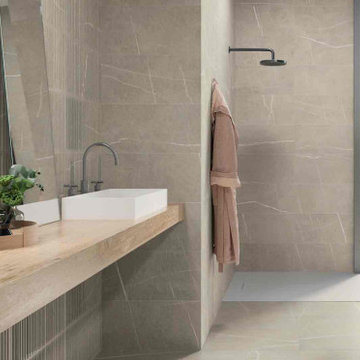 Modern bathroom with light beige travertine look porcelain tile