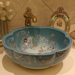Petal-shaped flowers and birds painted ceramic sink - Bathroom Sinks