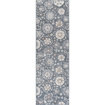 Wendy Transitional Floral Gray Runner Rug, 2'x7'