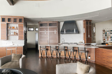 Large trendy galley medium tone wood floor and brown floor open concept kitchen photo in Denver with an undermount sink, flat-panel cabinets, medium tone wood cabinets, white backsplash, stainless steel appliances, a peninsula and white countertops