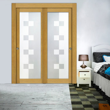 2-Leaf Sliding Wooden Closet Doors With Frosted Desing , 72" X 80", Full-Private