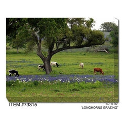 Longhorns Grazing Outdoor Canvas Art - Home Decor