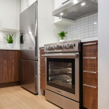 Yaletown Condo Combines Dark Walnut & MDF Doors with Waterfall Countertop!