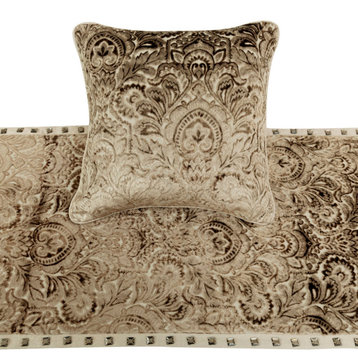 Beige Full 68"x18" Bed Runner With Pillow Cover, Velvet Damask Henriretta