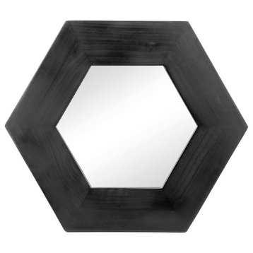 Gewnee 18.5"x18.5" Hexagon Mirror With Natural Wood Frame, Black