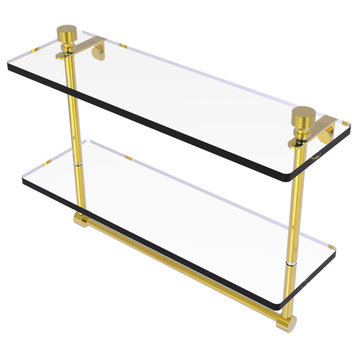 Foxtrot 16" Two Tiered Glass Shelf with Towel Bar, Polished Brass