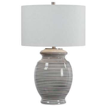 Elegant Classic Sailor Stripe Ceramic Table Lamp 28 in Navy Blue Off White Round