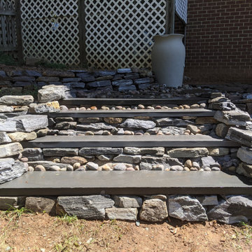 Drystack Terracing Natural Stone, Integrated Bluestone Steps, Dry Stream