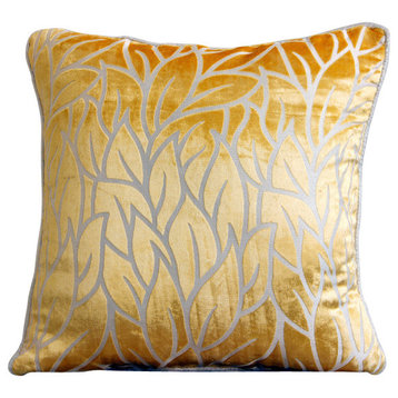 Yellow Burnout Velvet 16"x16" Leaf Design Pillow Covers, Mimosa Yellow Leaves