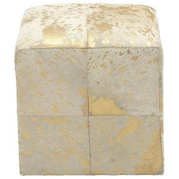 Modern Ottoman/Stool, Animal Patchwork Leather Upholstery, Gold/Square