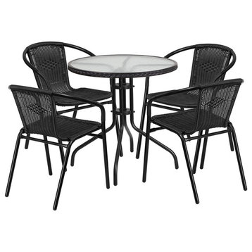 28'' Round Glass Metal Table and 4 Black Rattan Stack Chairs