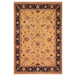 Bareens Designer Rugs - Shabby Chic Ziegler Loretta Gold Blue Hand-Knotted Wool Rug - 8'8'' x 11'4'' - Enhance the ambiance of your home with this magnificent Persian-influenced Turkish hand-knotted rug made by skilled artisans capable of creating the most exceptional vegetable dyes and hand-spun wool. This exquisite handmade rug is a one-of-a-kind Peshawar Kafkaz, otherwise identified as Chobi, Chobi Peshawar, Oushak, or Ziegler rug. These handmade rugs are crafted in Pakistan utilizing superior-quality wool imported from Australia, New Zealand, and Korea in two types of weaves: the Persian weave and the Mori weave. This rug is meticulously crafted by hand using the finest natural vegetable dyes extracted from local plants. The artisans use a blend of hand-spun local and fine merino wool, resulting in a rug with a compelling texture, higher lanolin content, and longer staple. The artisans occasionally incorporate natural or artificial silk into the pile to enhance specific motifs. The finished product is an awe-inspiring execution of flawless design and an understated palette that exudes elegance.