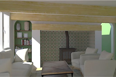 Inspiration pour un salon rustique fermé avec un mur vert, parquet clair, un poêle à bois, un manteau de cheminée en carrelage et un sol beige.