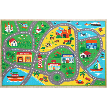 City Street Map Children Carpet Classrooms Play Mat Area Rug, 4'5"x6'9"