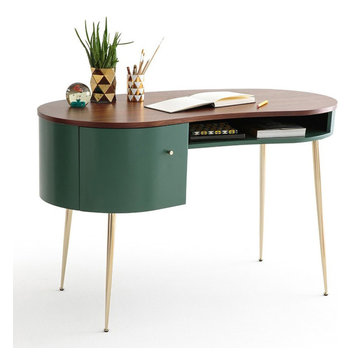 Mid Century Green Curved Office Desk Computer Desk with Shelves & Storage Gold