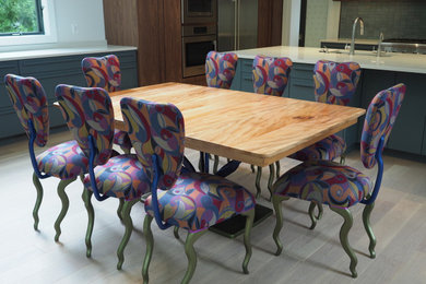 Kitchen/dining room combo - large eclectic vinyl floor and gray floor kitchen/dining room combo idea in Philadelphia with white walls