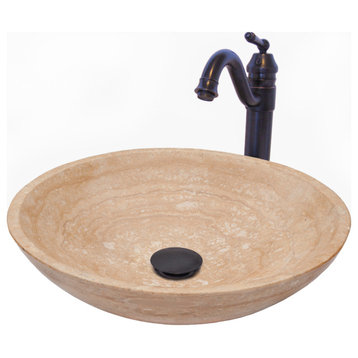 Beige Travertine Stone Vessel Sink Set, Oil Rubbed Bronze