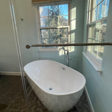 View from shower of freestanding tub