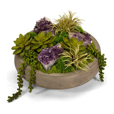 Artificial Succulents and Quartz in Concrete Bowl, Purple