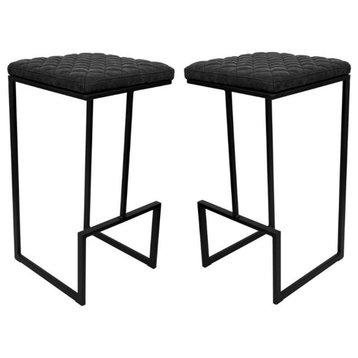 Home Square 2 Piece Quilted Stitched Leather Bar Stools Set in Charcoal Black