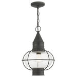 Livex Lighting - Charcoal Nautical, Farmhouse, Bohemian, Colonial, Outdoor Pendant Lantern - The Newburyport outdoor large single-light pendant lantern boasts classic nautical and railway styling. This piece features a beautiful hand-blown clear glass globe and a charcoal finish over the hand crafted solid brass construction. With its easy installation and low upkeep requirements, this light will not disappoint.