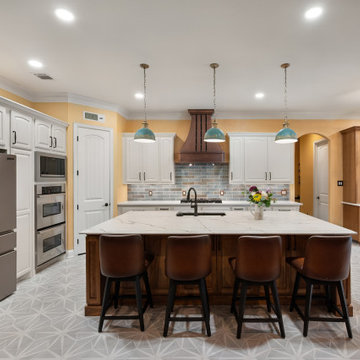 Kitchen Center Island Leather Barstools Stainless Steel Appliances Copper Hood