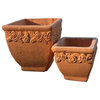 Hand Pressed Ancient Stressed Terracotta Square Flower Pot, Set of 2