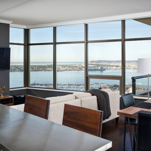 Foto di un piccolo soggiorno minimalista aperto con pareti grigie, parquet scuro, camino classico, cornice del camino piastrellata e TV a parete