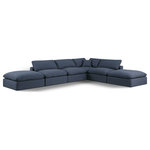 Meridian Furniture - Comfy Upholstered L-Shaped Modular Sectional, Navy, 6-Piece: 3 Armless Chair, 1 Corner Chair, 2 Ottoman, Linen Textured Fabric - Give your space a whole new look with this navy Comfy linen textured fabric sectional. This handsome sectional fits nicely with other items in the Comfy collection and is a versatile seating option designed for adaptability, comfort and style. Wrapped in rich navy durable linen textured fabric upholstery, this sectional offers a plush embrace of overstuffed down feather cushions, carefully crafted to deliver the highest level of comfort. The perfect seat for creating an oasis for relaxation, this sectional has thick foam surrounding its frame for added support and coziness.